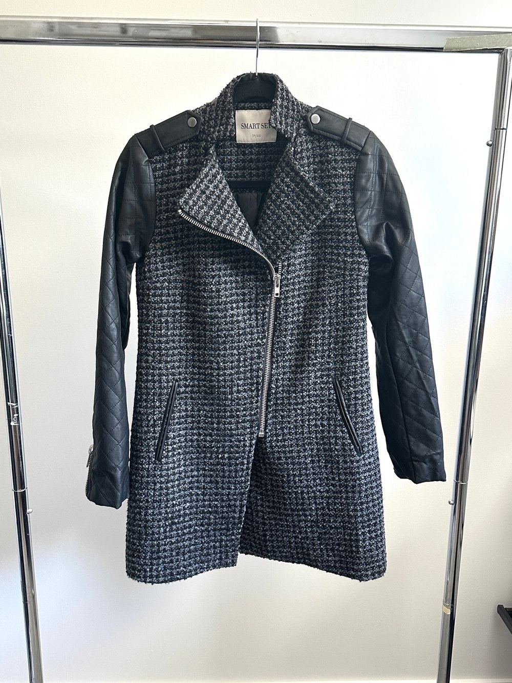 Smart Set Grey Tweed Moto Coat Faux Leather Sleeves Boucle Longline XS